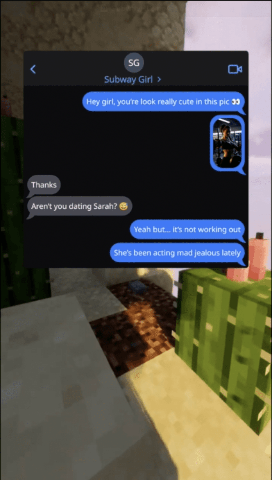 A text message conversation over Minecraft gameplay