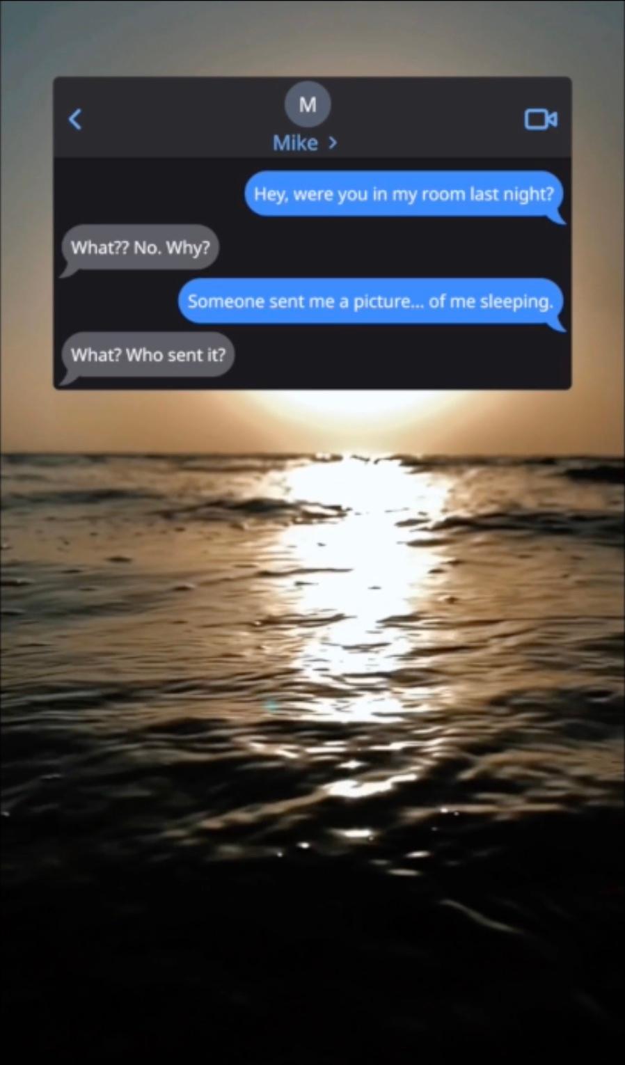 A text message conversation over a sunset on the ocean