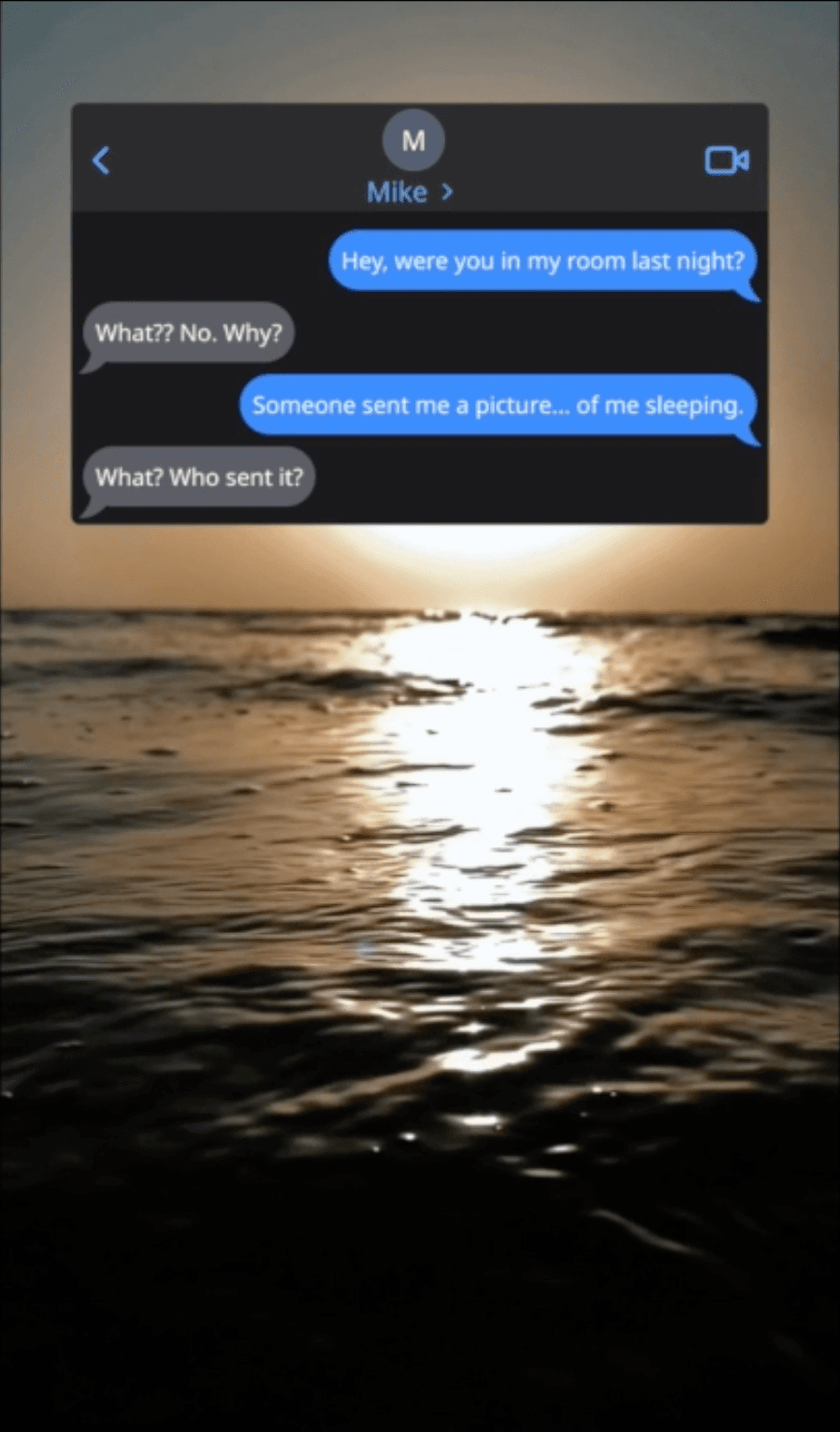 A text message conversation over a sunset on the ocean
