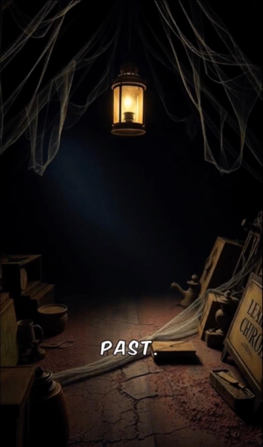 A lantern glowing in a dusty attic with the caption Past