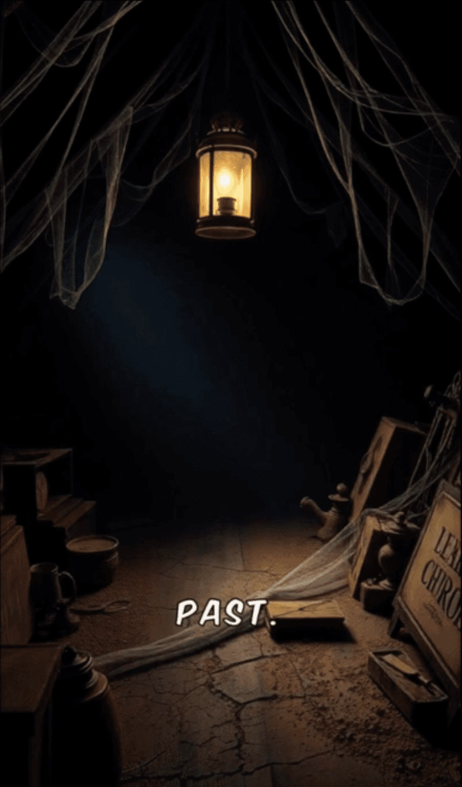A lantern glowing in a dusty attic with the caption Past
