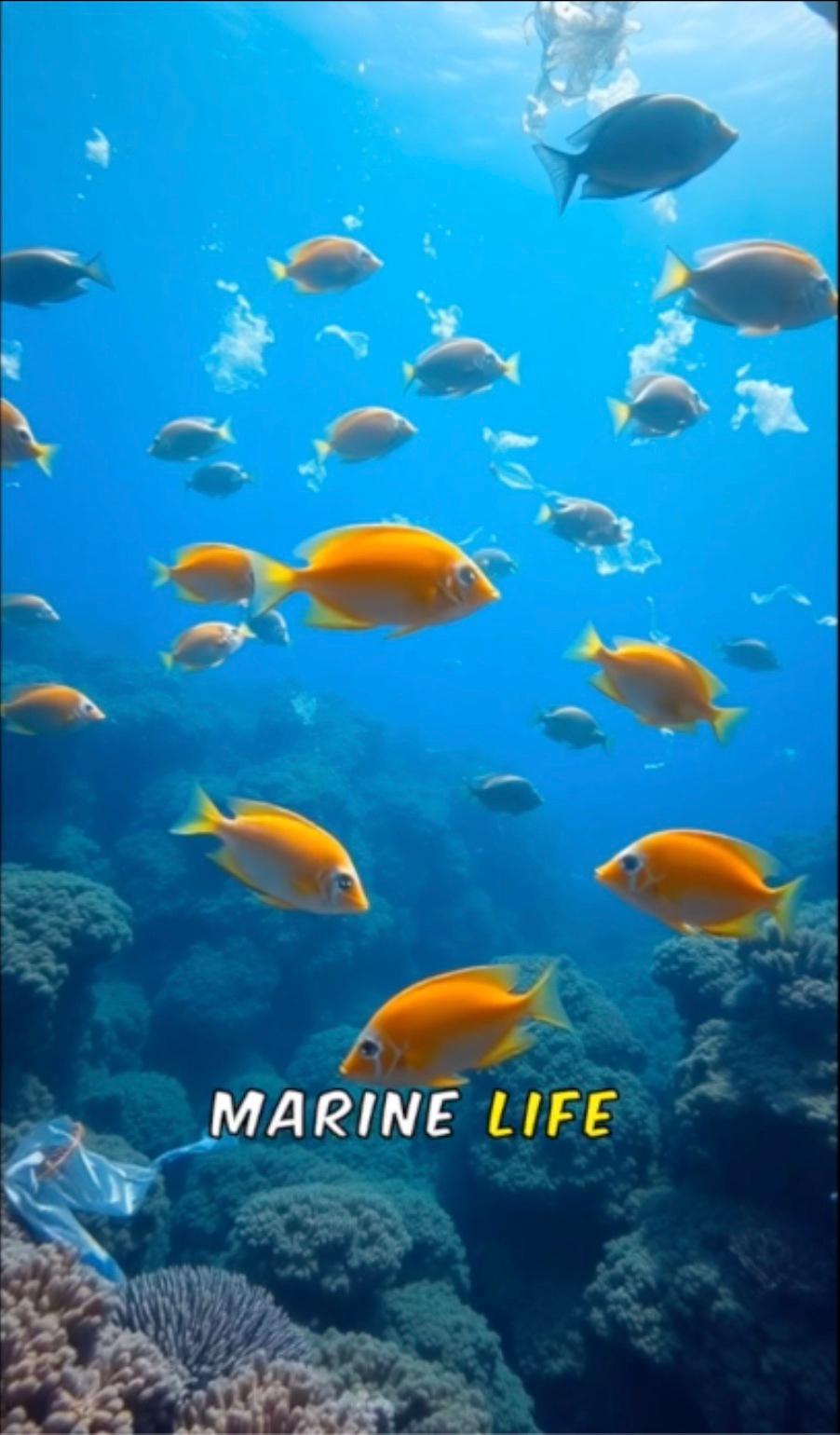 Tropical fish swimming over a coral reef with the caption Marine life