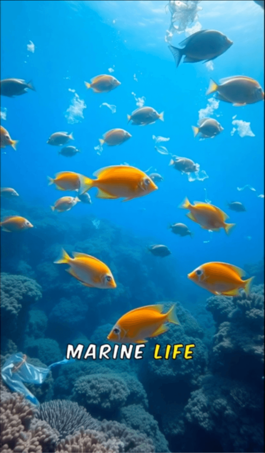 Tropical fish swimming over a coral reef with the caption Marine life
