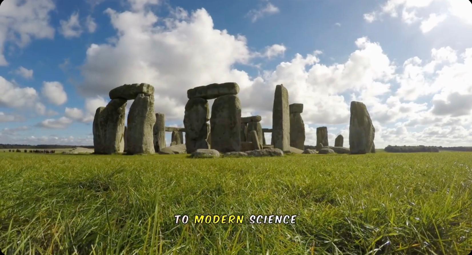 Stonehenge under a blue sky with the caption To modern science