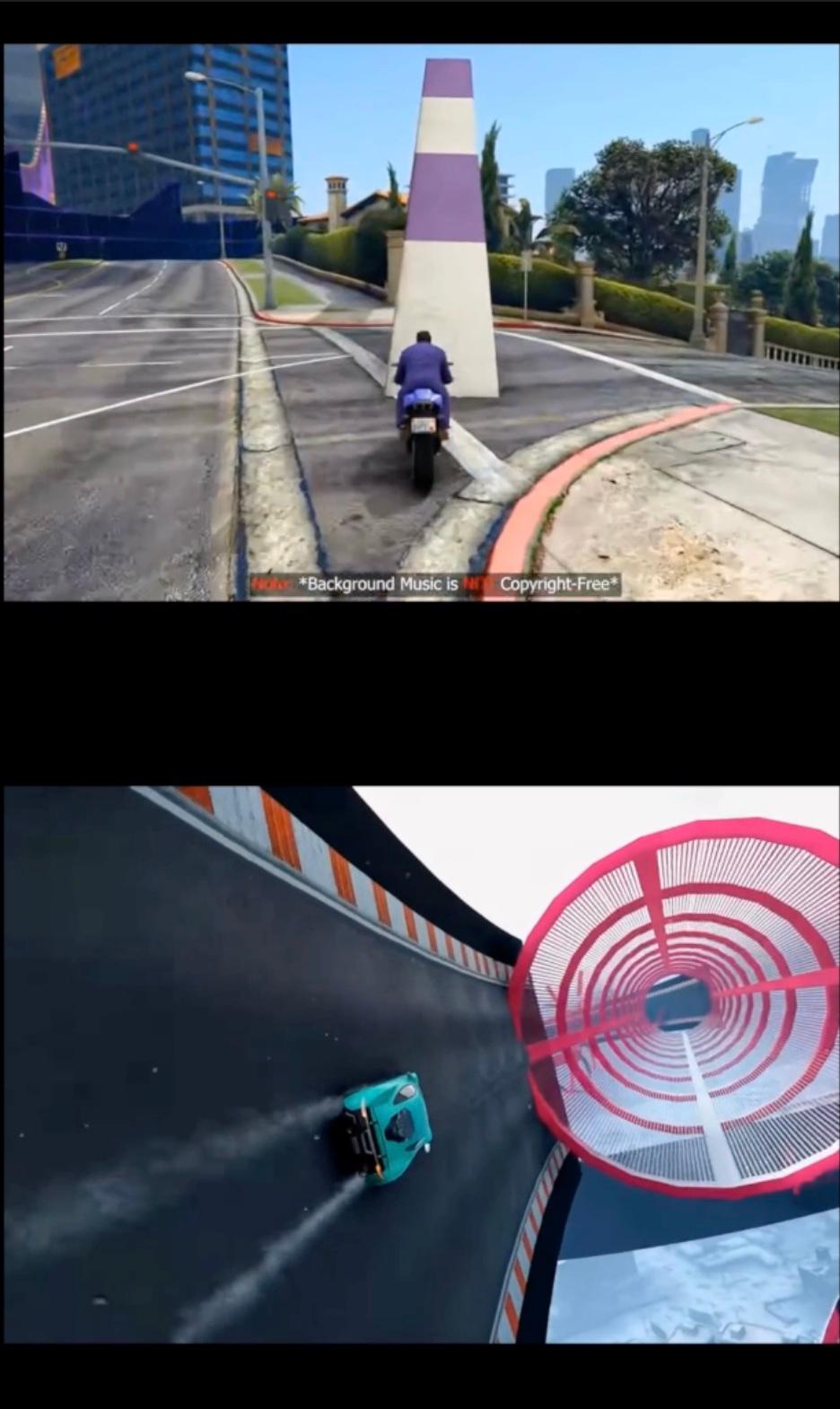 Split-screen video with a motorbike stunt on top and a racing track below