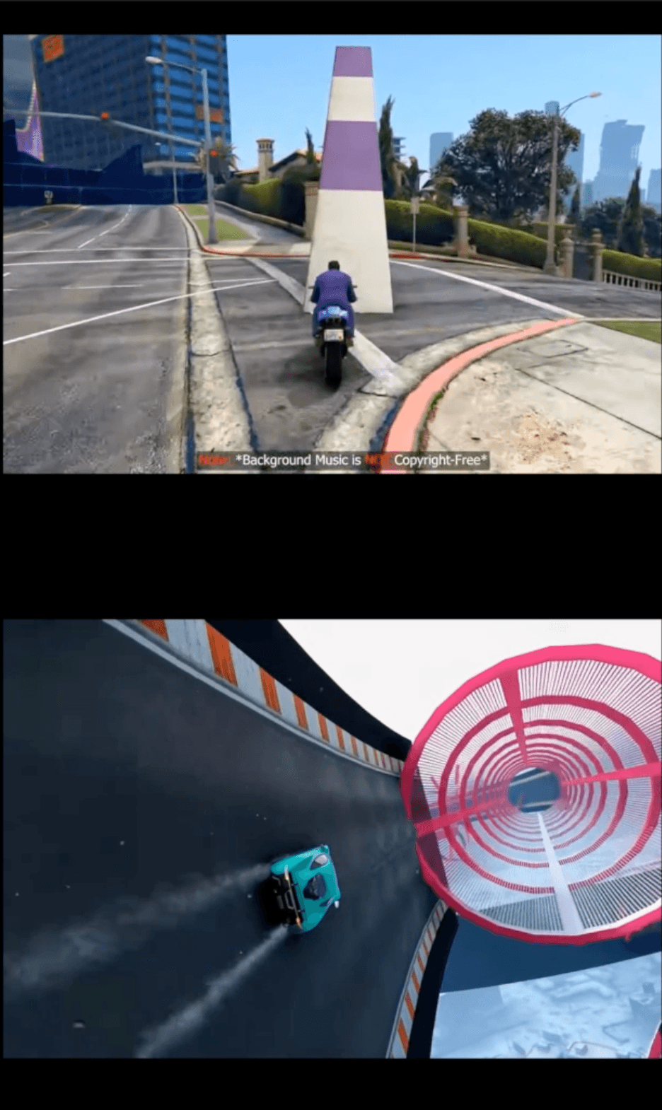 Split-screen video with a motorbike stunt on top and a racing track below