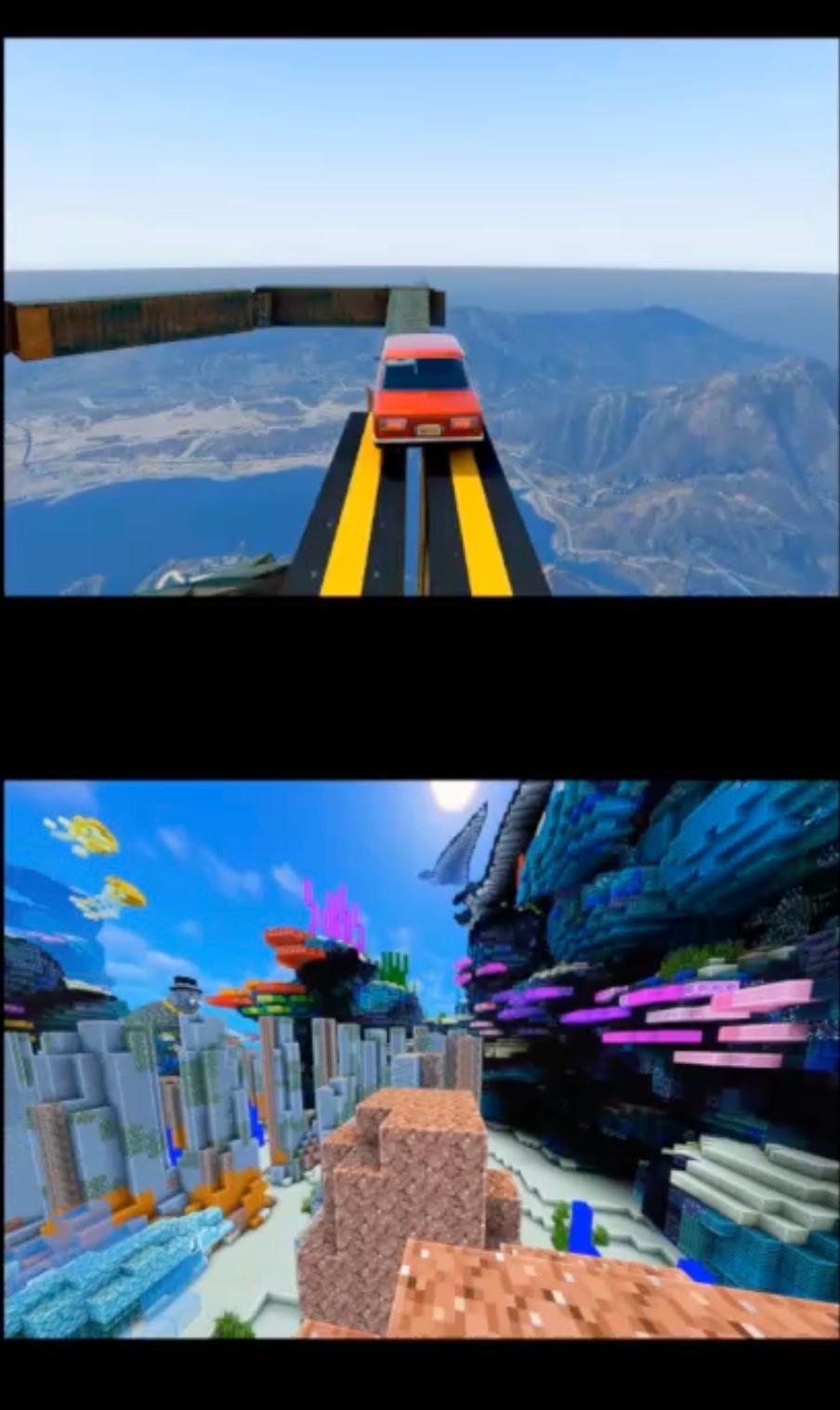 Split-screen video with a car stunt on top and Minecraft parkour below