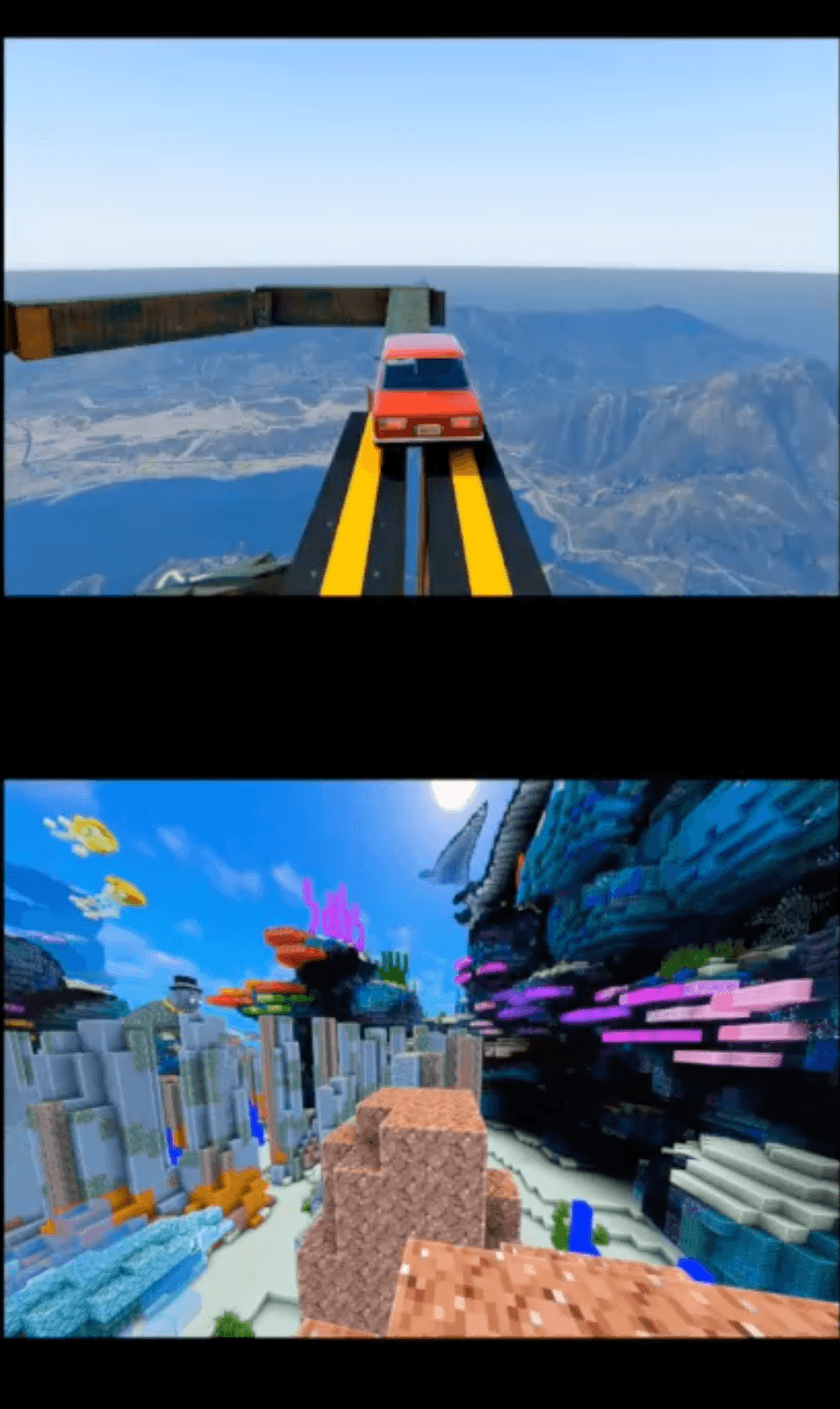 Split-screen video with a car stunt on top and Minecraft parkour below