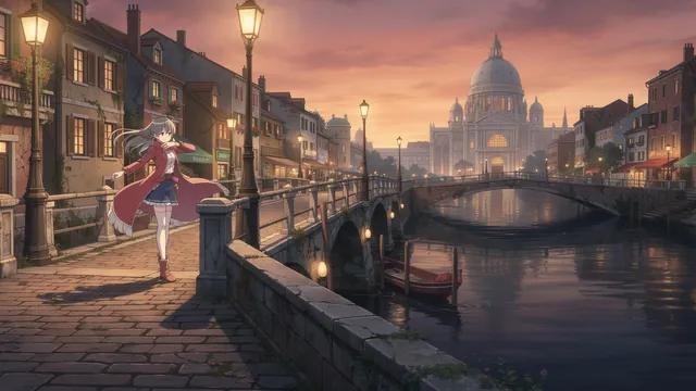 Anime style: a woman in a red coat on a stone bridge over a canal at dusk