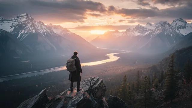 Cinematic style: a lone explorer on a mountain ridge above a river valley