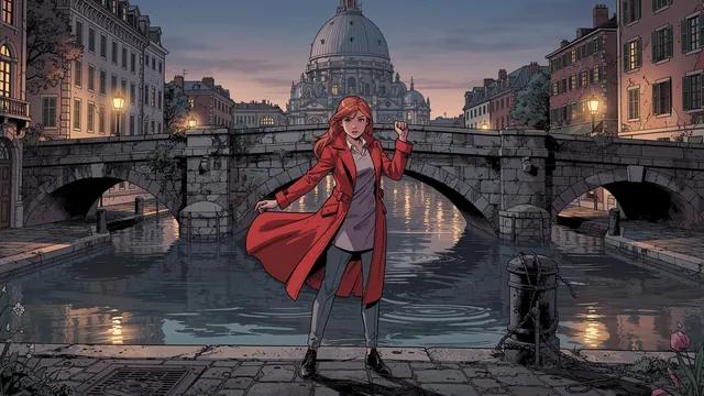 Comic Art style: a woman in a red coat on a stone bridge over a canal at dusk