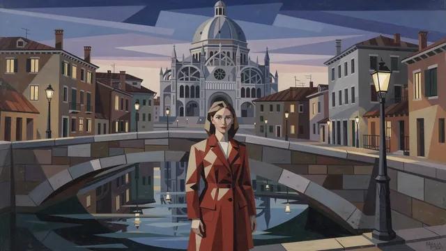 Cubism style: a woman in a red coat on a stone bridge over a canal at dusk
