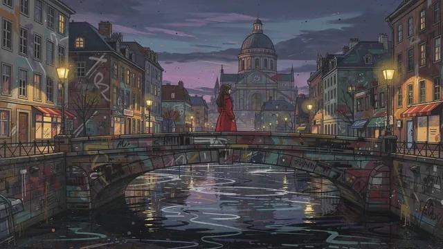 Graffiti Art style: a woman in a red coat on a stone bridge over a canal at dusk