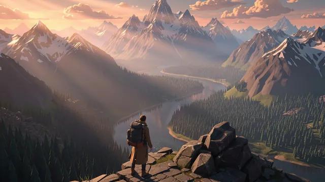 Isometric style: a lone explorer on a mountain ridge above a river valley