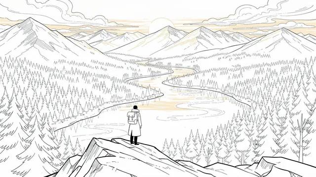 Line Drawing style: a lone explorer on a mountain ridge above a river valley