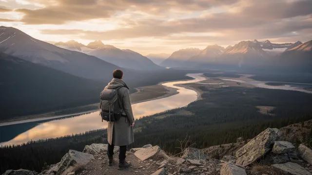 Natural style: a lone explorer on a mountain ridge above a river valley