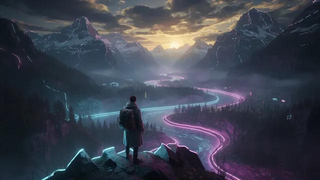 Neon Art style: a lone explorer on a mountain ridge above a river valley