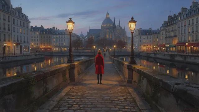 Oil Painting style: a woman in a red coat on a stone bridge over a canal at dusk