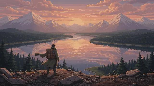 Pixel Art style: a lone explorer on a mountain ridge above a river valley
