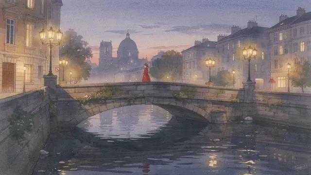 Water Color style: a woman in a red coat on a stone bridge over a canal at dusk